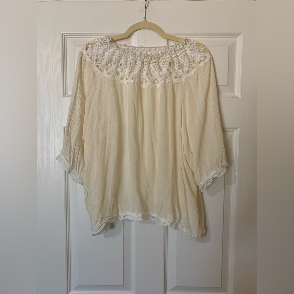Elegant Lace Trim‎ Cream Blouse Romantic Boho Coquette Cottagecore